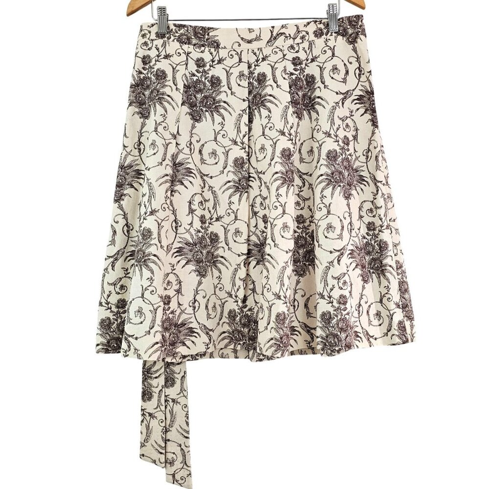 Faconnable Women 14 Ecru Hazelnut Floral Pleat Cotton Linen Skirt Lined Romantic